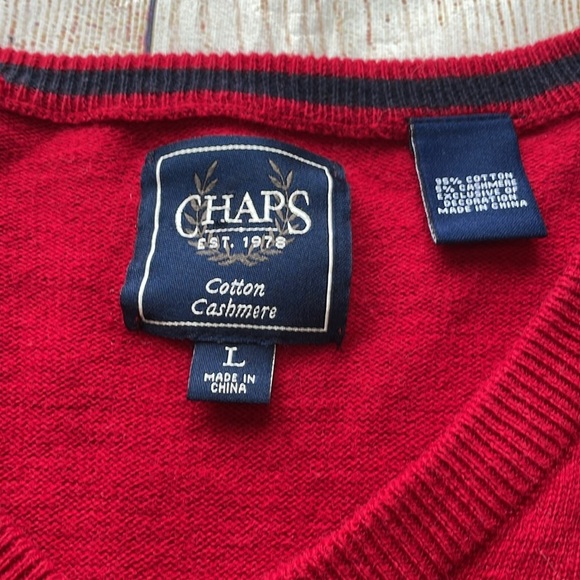 Chaps Mens Cotton & Cashmere Blend V-Neck Sweater Red Size L Soft Preppy - Picture 4 of 13